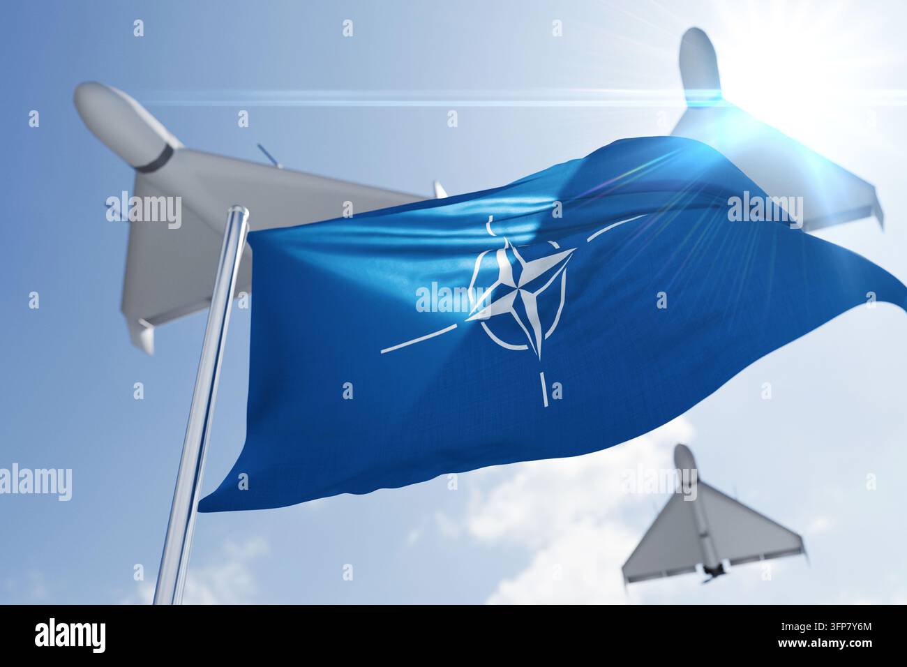 Bandiera della NATO che sventola contro un cielo blu con diversi droni militari che volano sopra con riflessi del sole. Idea concettuale di sicurezza, difesa e guerra moderna Foto Stock