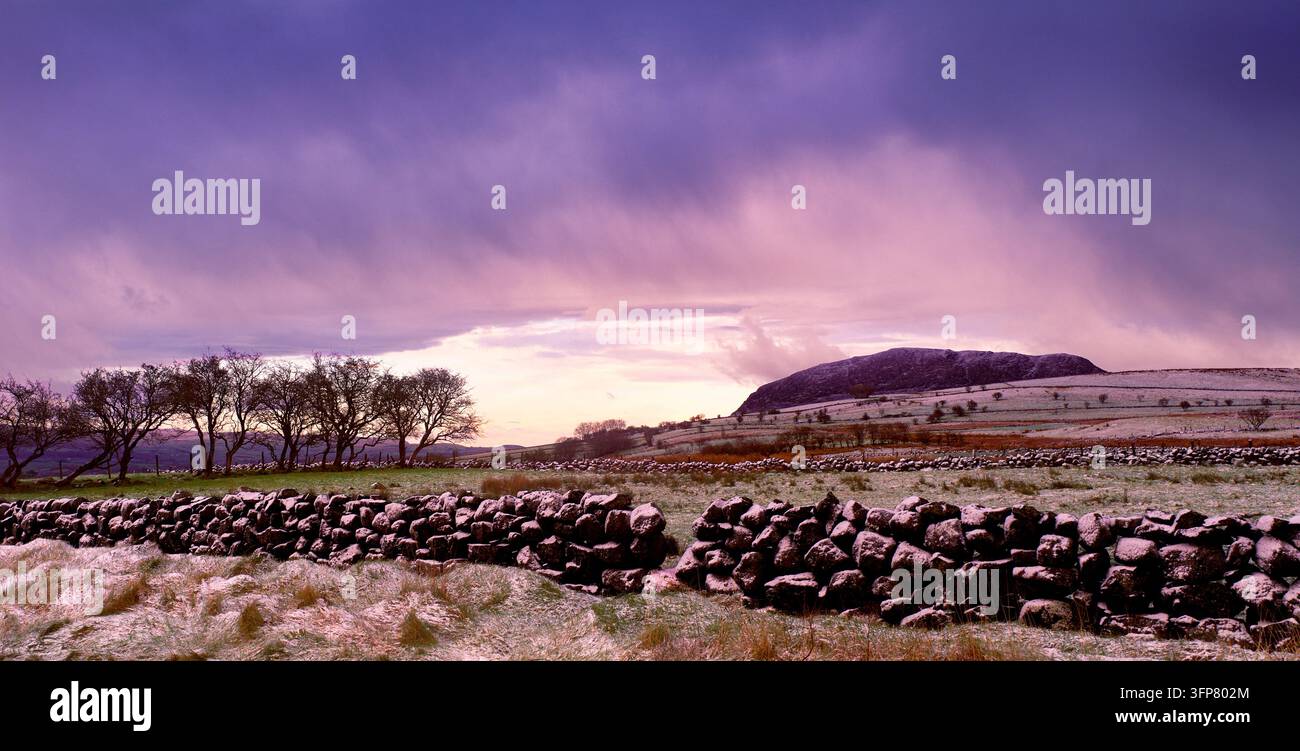 Monte Slemish con una leggera nevicata nella Contea di Antrim, Irlanda del Nord Foto Stock