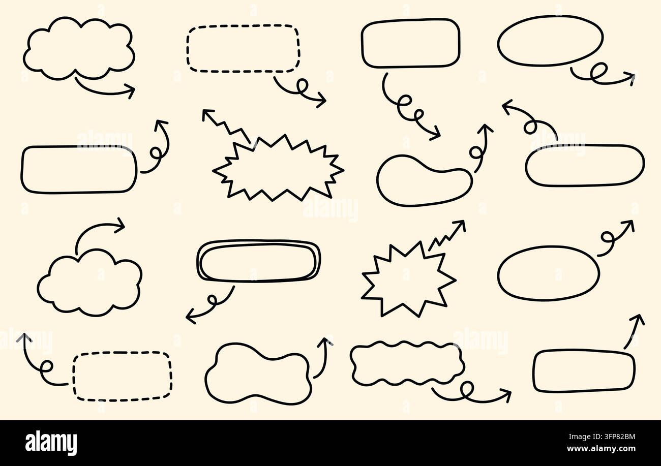 Bubbole di discorso e cornici di chiamata disegnate a mano con frecce curve, contorni tratteggiati, esplosioni di fumetti e forme organiche, arte lineare minimalista nera Illustrazione Vettoriale