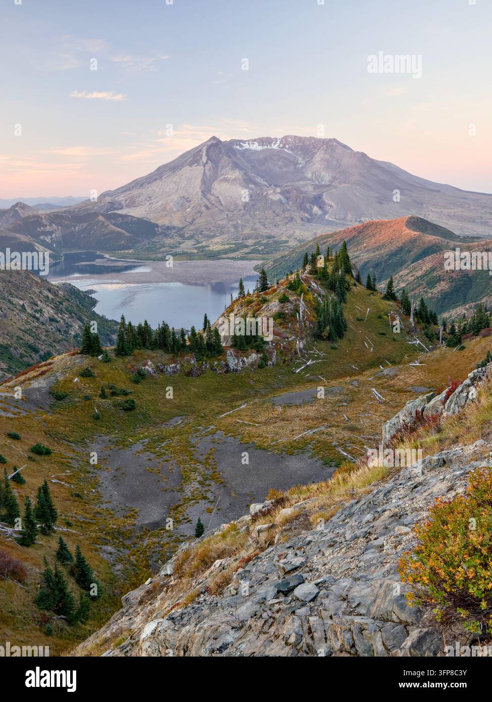 Monte Saint Helens e Spirit Lake, Mt Saint Helens, Nordovest Pacifico, Stato di Washington. Visto dal sentiero escursionistico Backcountry del Monte Margaret. Foto Stock