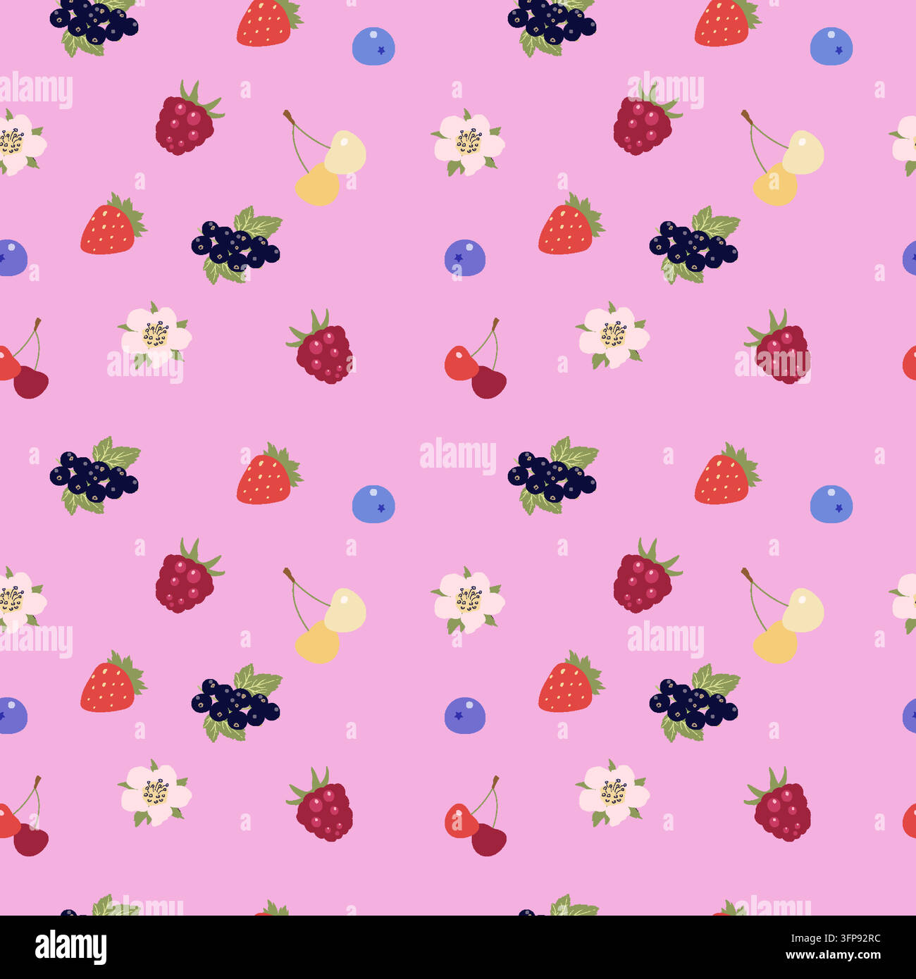 Motivo estivo senza cuciture con bacche fresche di fragola, ciliegia, ribes nero e mirtillo su sfondo bianco. Illustrazione Vettoriale