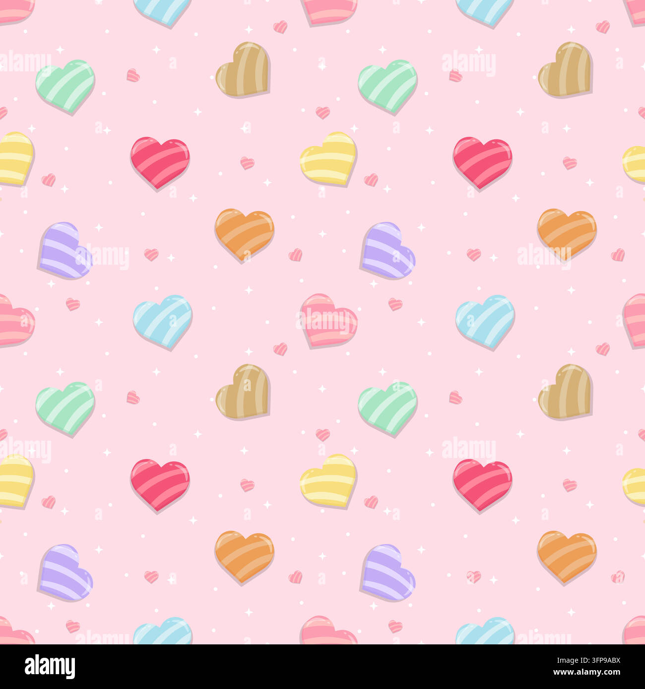 Simpatico motivo senza cuciture con forme a cuore a strisce colorate con piccoli cuori, stelle bianche e punti su uno sfondo rosa tenue. Design romantico dolce Illustrazione Vettoriale
