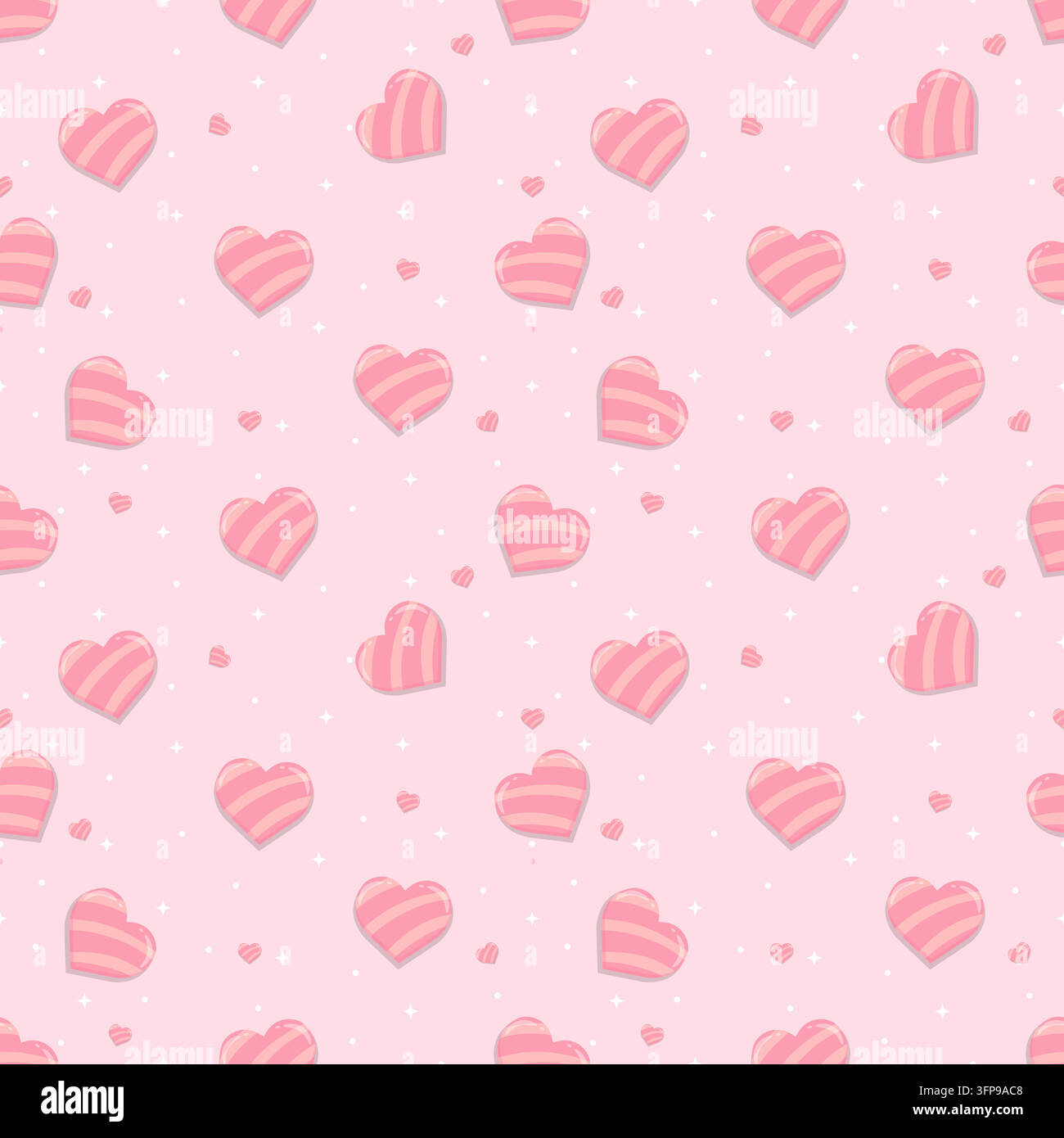 Simpatico motivo senza cuciture con cuori rosa a righe, piccoli accenti a cuore, stelle bianche e punti su uno sfondo rosa pastello morbido. Des monocromatico romantico Illustrazione Vettoriale
