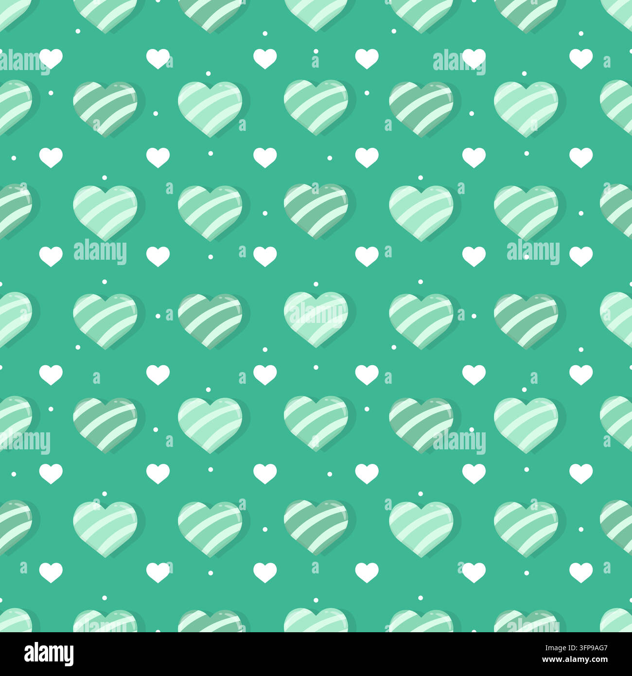 Cuori a righe verde menta carini con piccoli cuori bianchi e punti su uno sfondo verde fresco. Motivo amoroso morbido e giocoso per carta da parati, carta da imballaggio Illustrazione Vettoriale