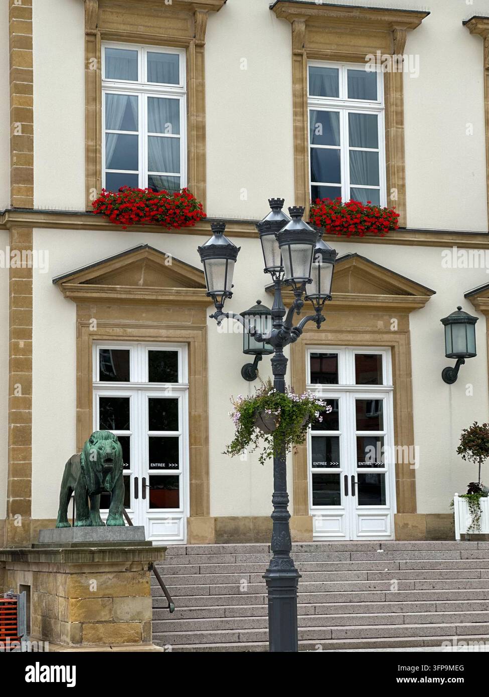 Ingresso storico di un edificio governativo europeo con leone di bronzo e lampione. Elegante ingresso di edificio neoclassico con porte francesi bianche - Immagine stock catturata con smartphone