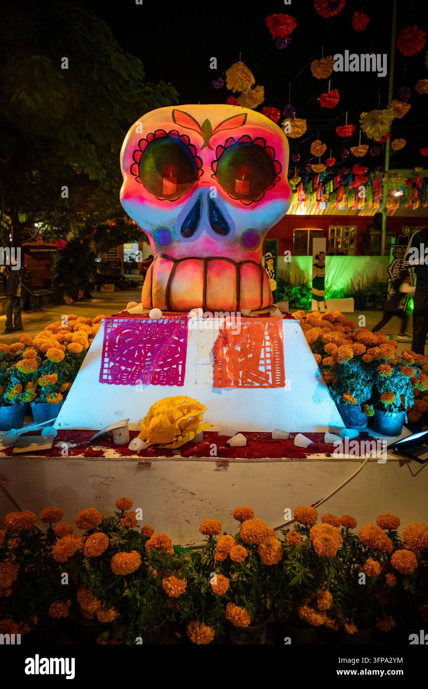 XILITLA, SAN LUIS POTOSI, MESSICO, 29 OTTOBRE 2025: Celebrazioni Xantolo a Xilitla, arte del teschio messicano Foto Stock