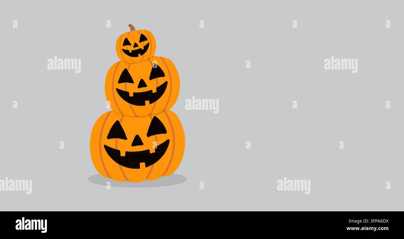 Pila di tre zucche lanterne di Halloween con facce spaventose intagliate su uno sfondo grigio Foto Stock