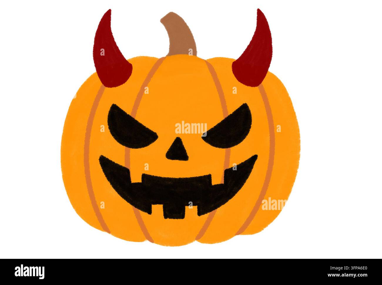 Zucca jack-o-lantern di Halloween malvagia con corna da diavolo rosse isolata su sfondo bianco Foto Stock