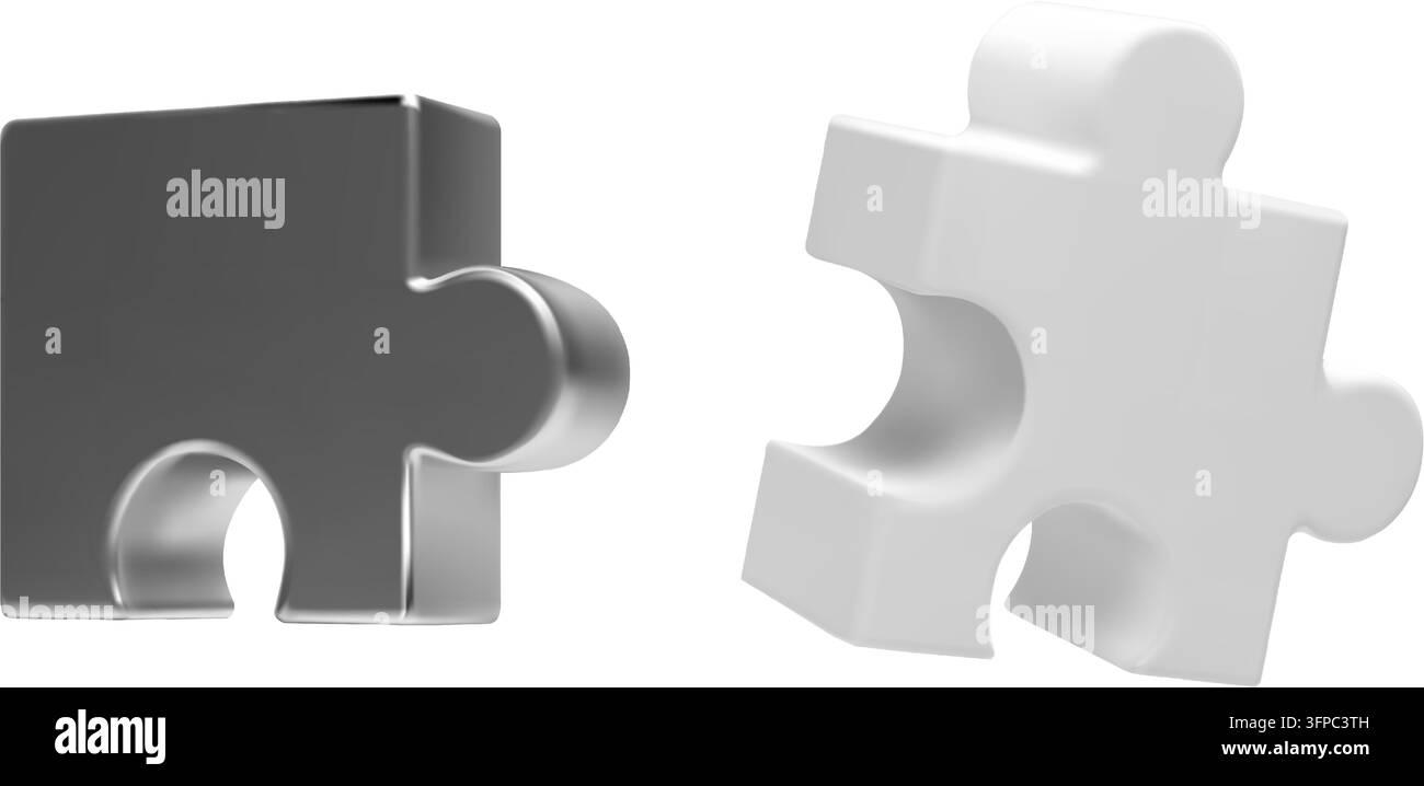 Pezzo di puzzle in metallo 3D con icona resa realistica bianca. Assembla le parti del puzzle, costruisci una soluzione logica. Concetto di lavoro di squadra aziendale, costruttore tecnico Illustrazione Vettoriale