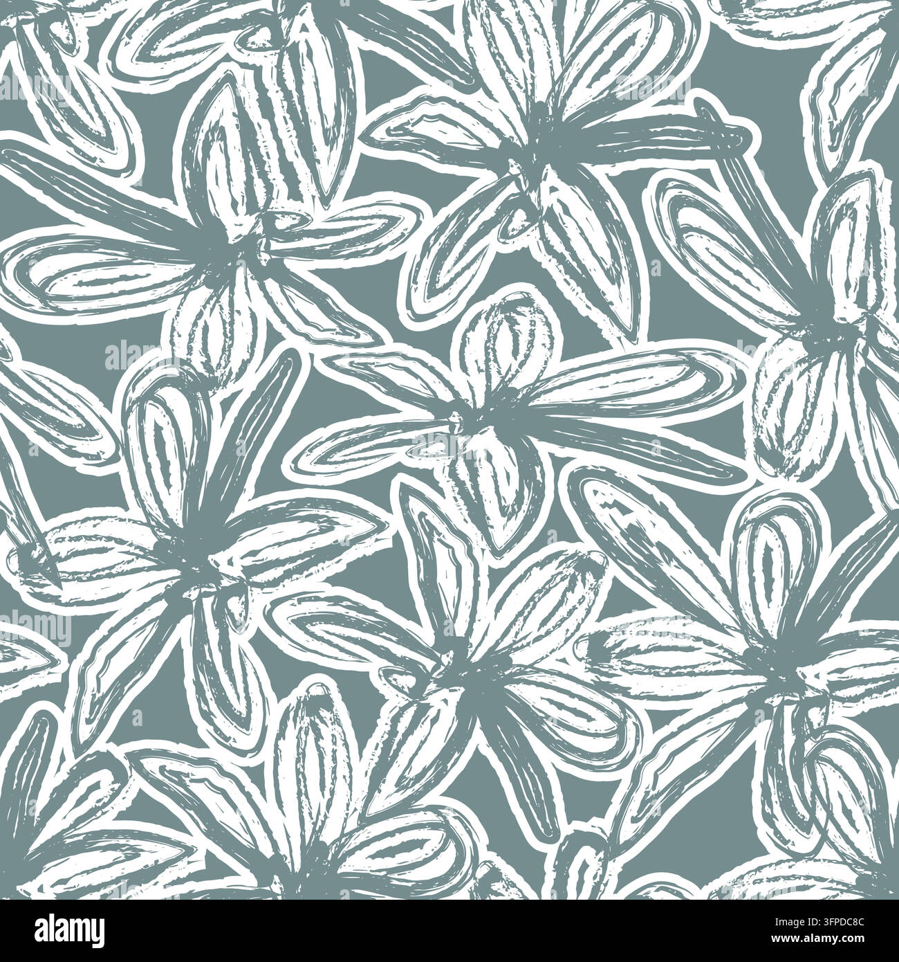 Motivo floreale senza cuciture con contorni bianchi disegnati a mano su uno sfondo grigio-blu spento Illustrazione Vettoriale