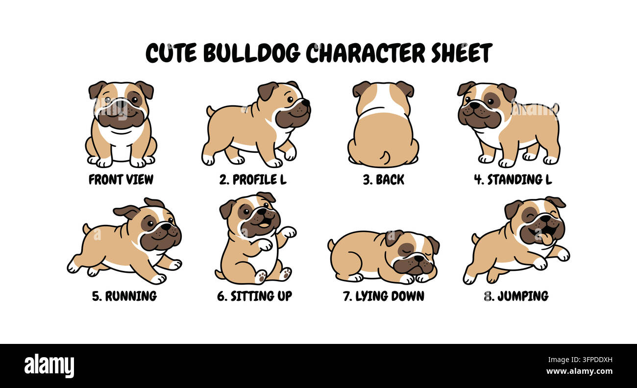 Foglio di personaggio di bulldog carino con varie pose e angolazioni Illustrazione Vettoriale