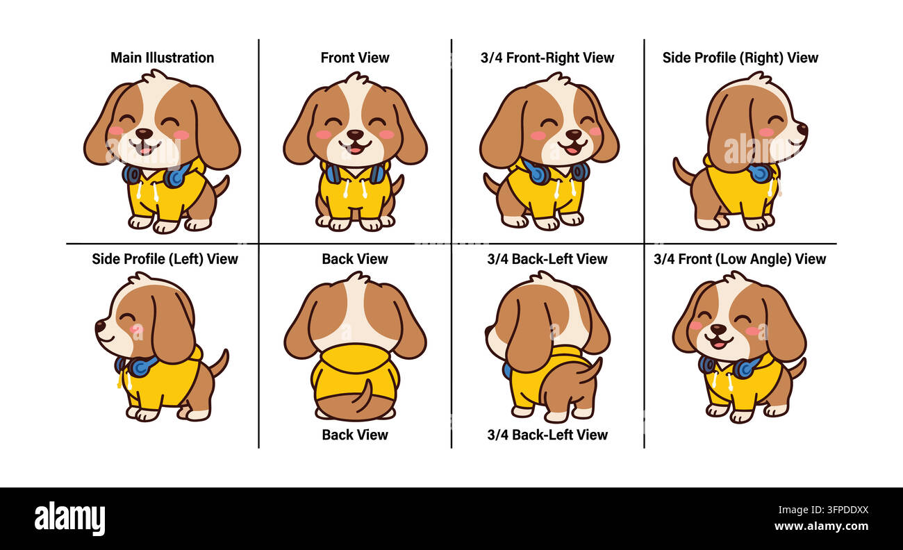 Foglio personaggio di un cucciolo di beagle carino che indossa un gilet giallo e un papillon e sta in piedi Illustrazione Vettoriale