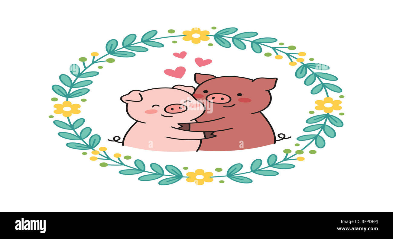 Simpatici maialini dei cartoni animati che si abbracciano all'interno di una ghirlanda floreale con animali dei cartoni animati Illustrazione Vettoriale