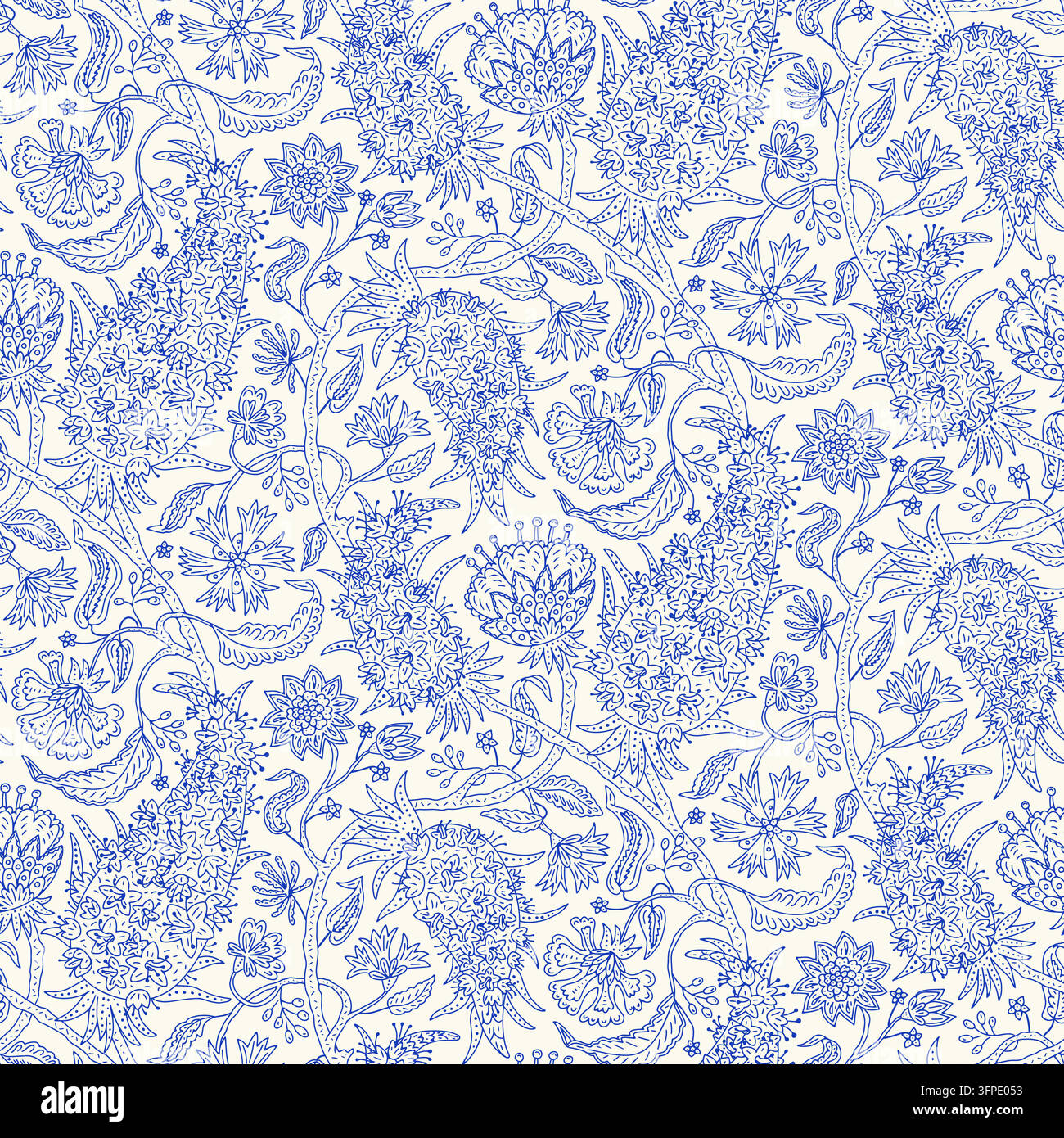 Modello floreale giacobino senza cuciture con viti botaniche disegnate a mano e fiori popolari. Arte lineare blu su sfondo verde salvia. Stile di stampa a blocchi indiano Illustrazione Vettoriale
