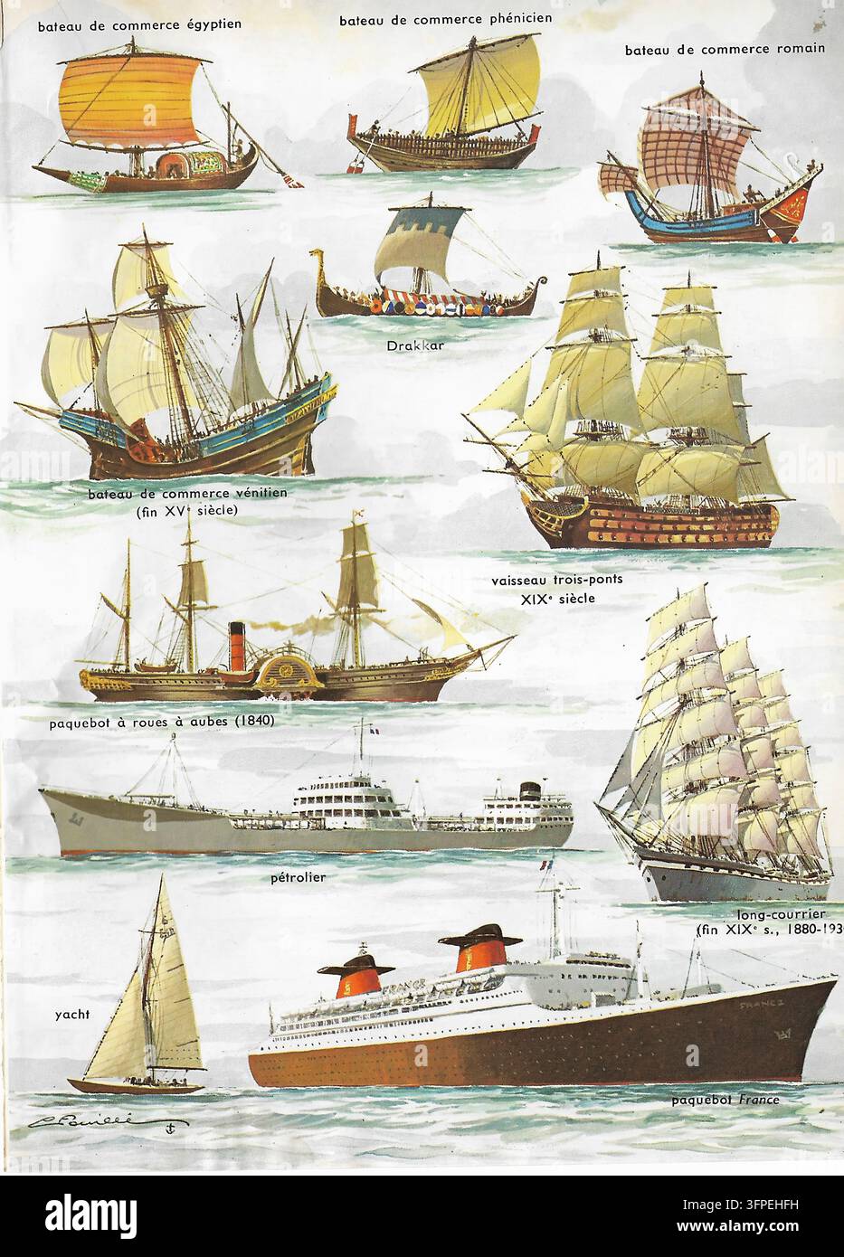 Tavola illustrata di un dizionario francese che raffigura navi dall'antichità ai tempi moderni, tra cui una nave commerciale egizia, navi mercantili fenicie e romane, un drakkar vichingo, una nave mercantile veneziana della fine del XV secolo, una nave a tre ponti del XIX secolo, un piroscafo a pale, un petroliere, uno yacht, una nave a vela per lunghe distanze e un transatlantico francese. Le etichette sono mostrate in francese. Foto Stock