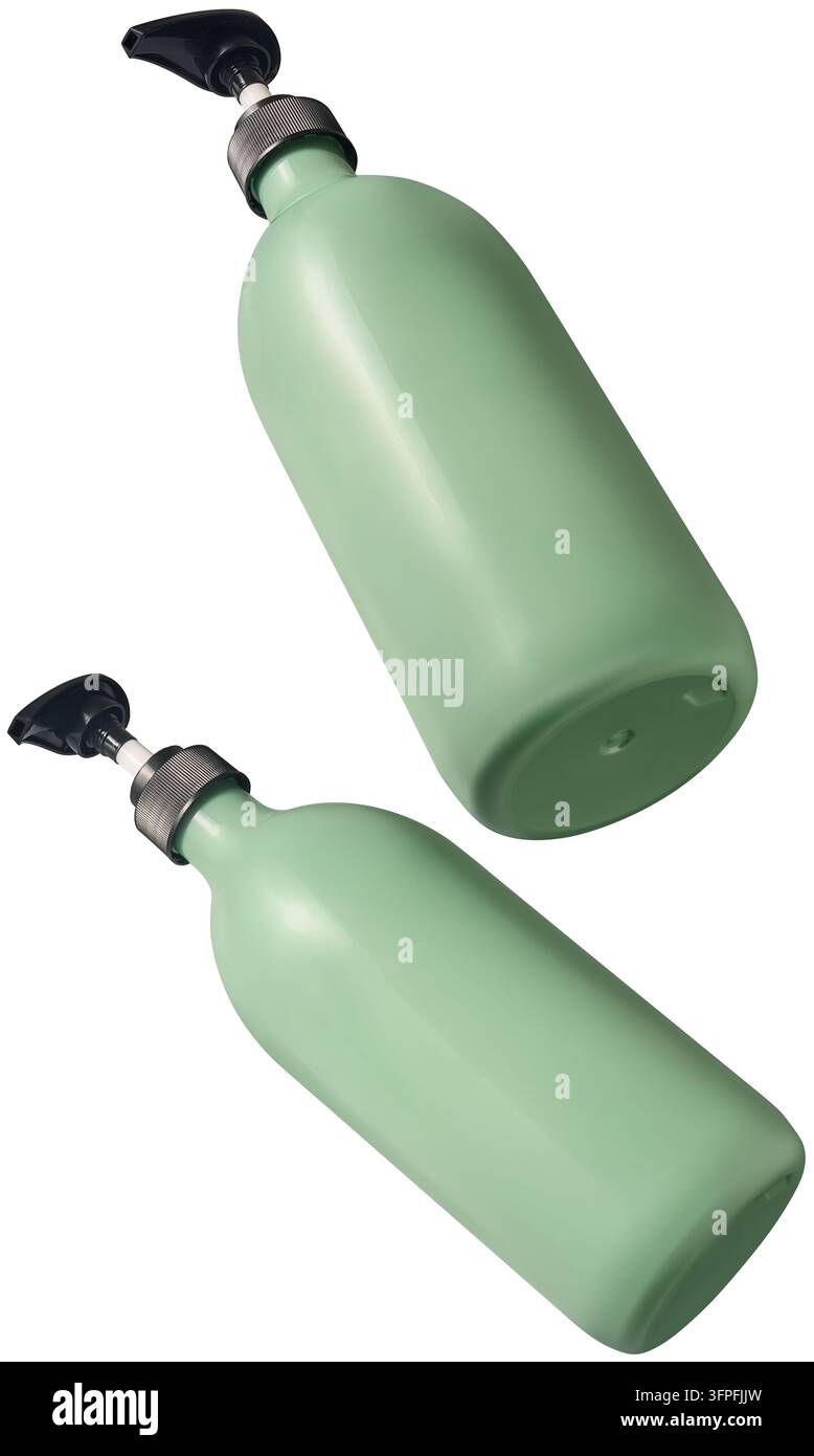 flaconi di plastica verde con pompa isolati su sfondo bianco, contenitori cosmetici vuoti con erogatori neri, modello di confezione per shampoo o balsamo Foto Stock
