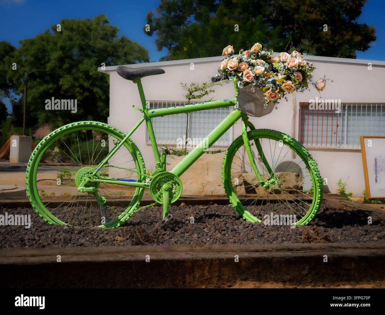 Bicicletta vintage dipinta di verde riadattata come arte decorativa da giardino, esposta all'aperto accanto alla vegetazione e a un edificio a Kibbutz Dorot, Israele Foto Stock