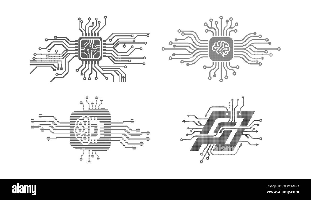 Tecnologia di microchip di Intelligenza Artificiale Scheda a circuito stampato  Set di illustrazioni vettoriali ad mezzotono con trama Illustrazione Vettoriale