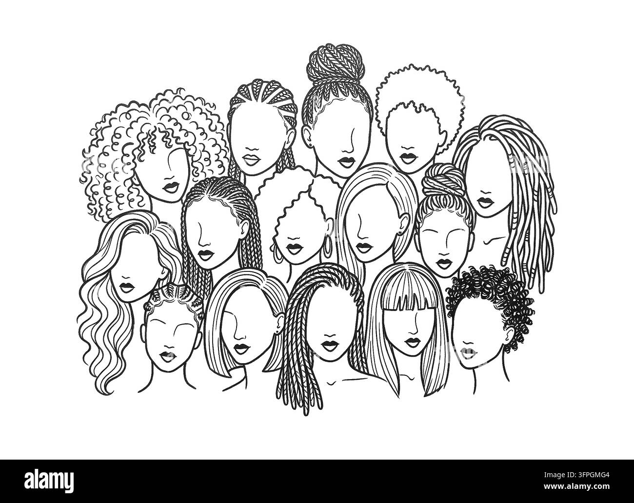 Gruppo diversificato di donne Illustrazione in arte lineare, Acconciature di donne multiculturali Grafica vettoriale disegnata a mano, Banner di emancipazione femminile in mezzotinta Illustrazione Vettoriale
