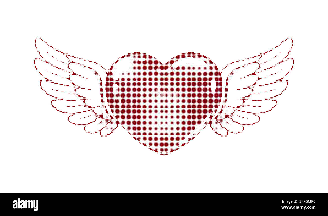 Illustrazione vettoriale di un cuore rosso alato in stile vintage grunge con trame a puntini Illustrazione Vettoriale