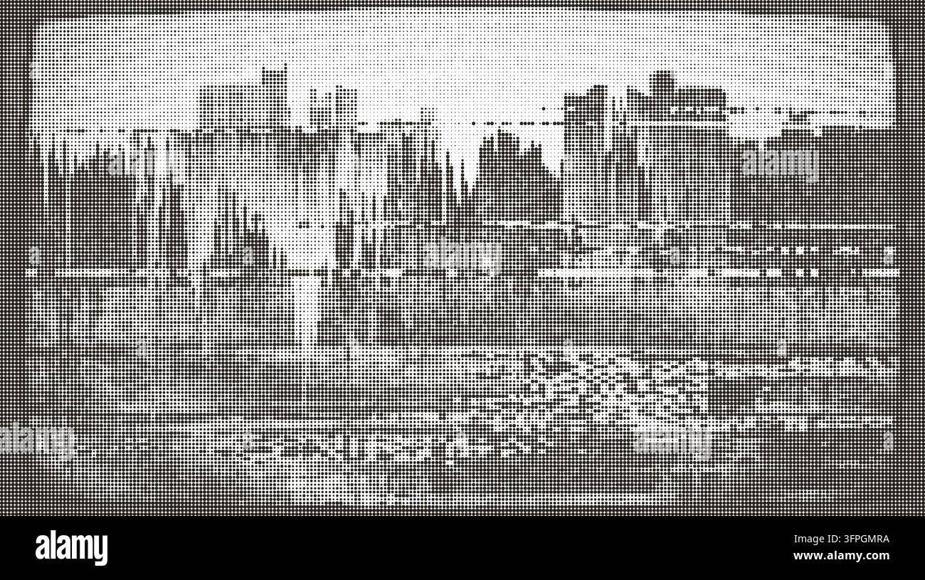 Texture vettoriale dello skyline della città con glitch CRT retrò, mezza tonalità tramezzata ed effetto grunge Illustrazione Vettoriale