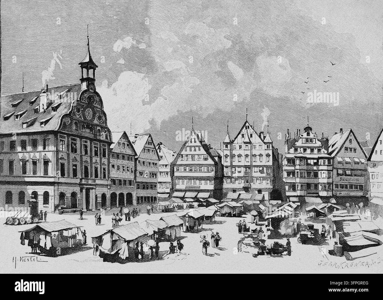 Piazza tedesca, vivace scena di mercato con edifici storici, xilografia del XIX secolo. Foto Stock