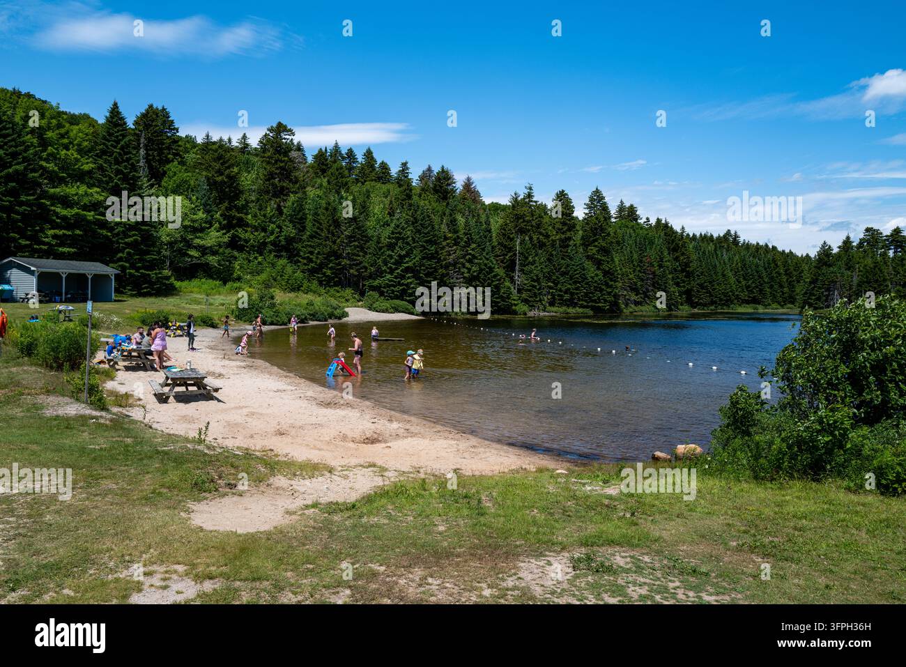 Visitatori che si divertono alla spiaggia di Bennett Lake nel Parco Nazionale di Fundy, illustrando il nuoto in acqua dolce all'aperto, l'eco-turismo estivo e le attività ricreative nell'entroterra Foto Stock
