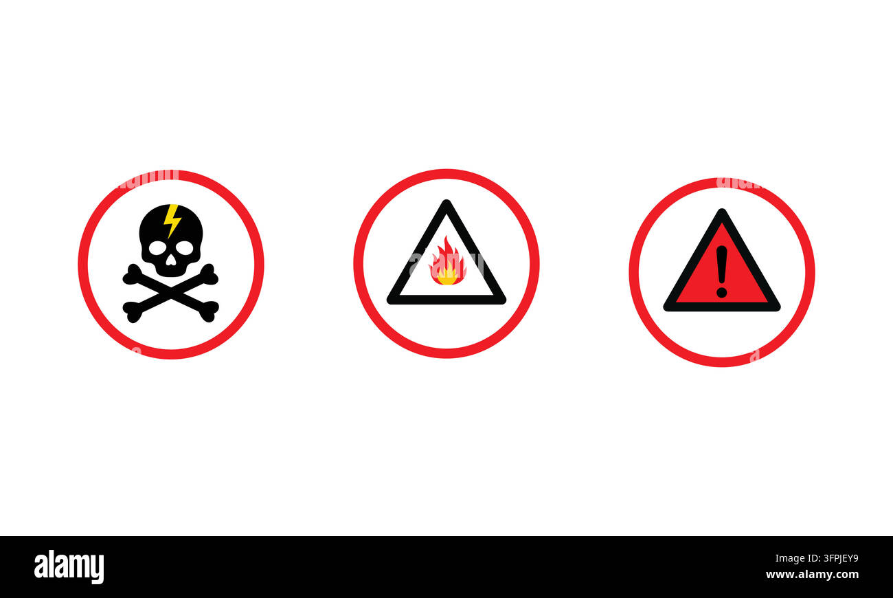 Set di icone di pericolo per la sicurezza con simboli di teschio, fuoco ed esclamazione per la conformità industriale e la gestione del rischio Illustrazione Vettoriale