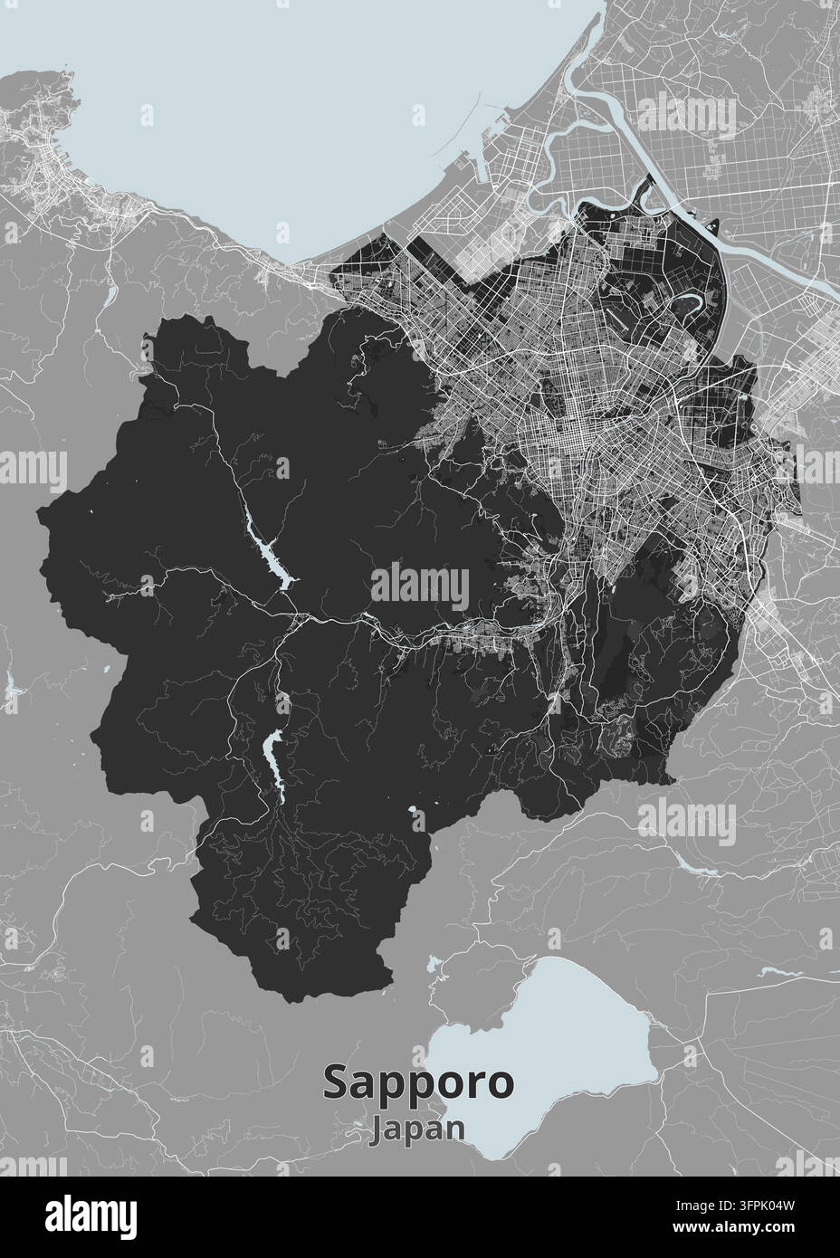 Mappa dettagliata della città di Sapporo, Hokkaido, Giappone Illustrazione Vettoriale