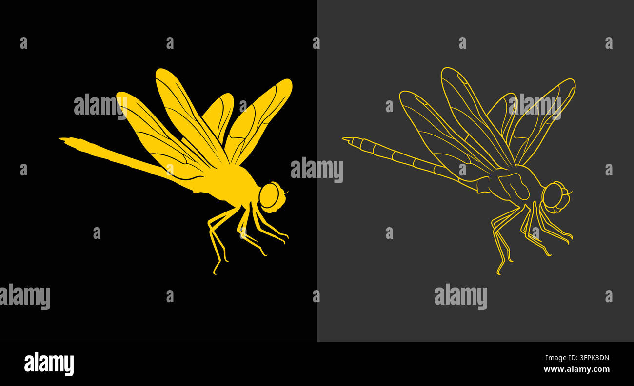 Illustrazione di un insetto libellula come icona volante con grafica dorata Illustrazione Vettoriale