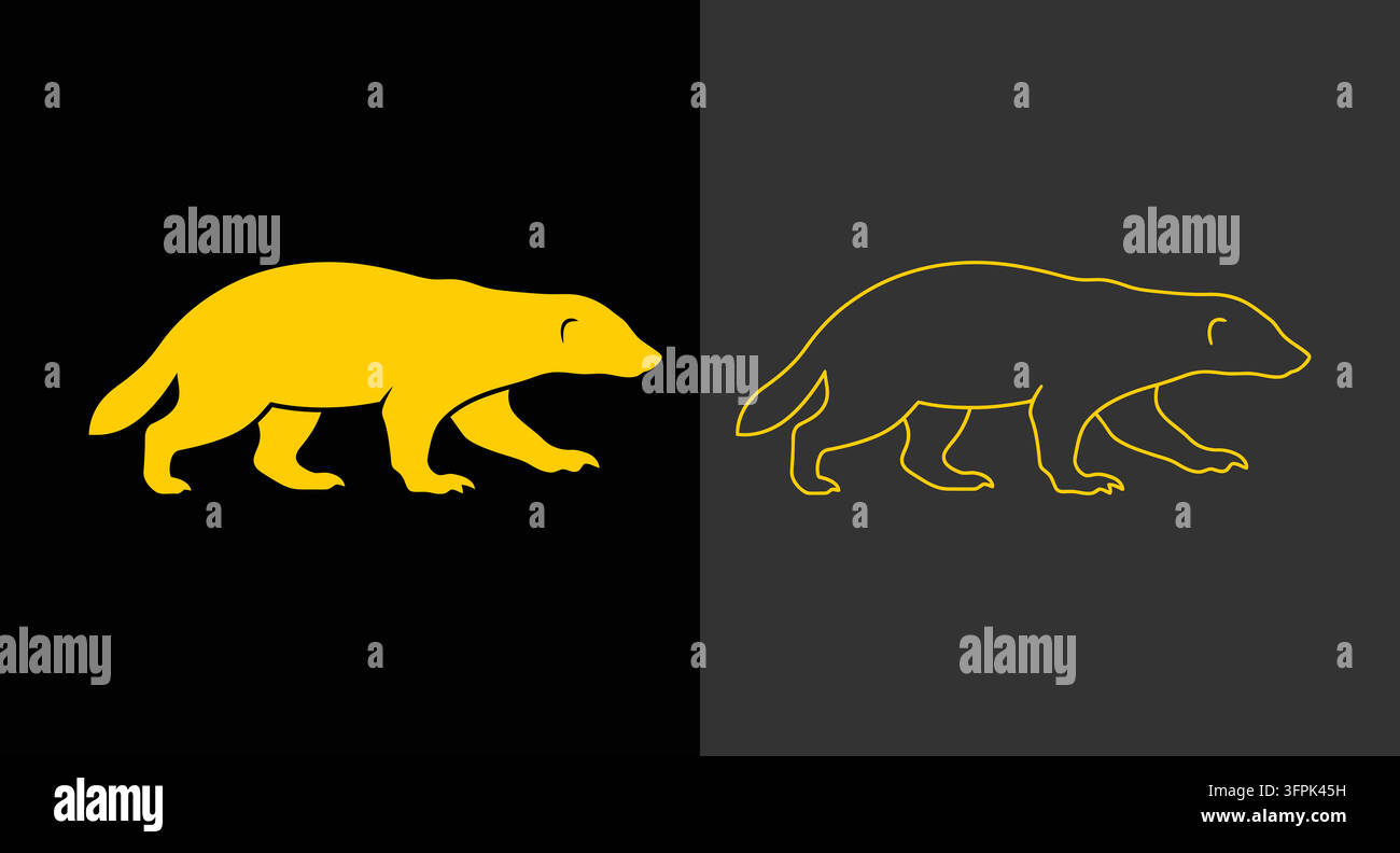 Set di icone minimaliste a silhouette e contorno di tasso giallo con animale selvatico Illustrazione Vettoriale