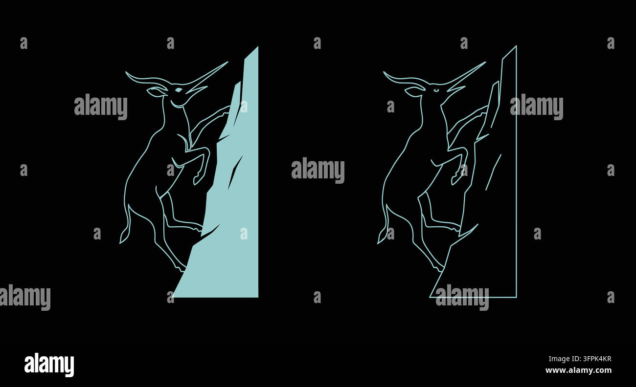 Silhouette e icona di contorno di una capra di montagna su sfondo nero con capra che si arrampica Illustrazione Vettoriale