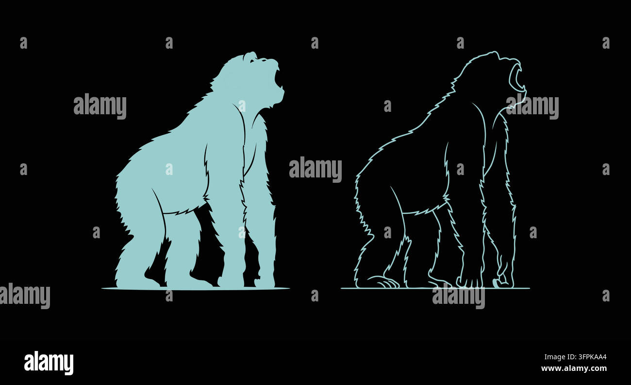 Illustrazione grafica blu stilizzata di un gorilla in piedi su sfondo nero Illustrazione Vettoriale