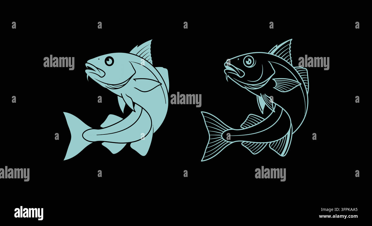 Illustrazione grafica blu dettagliata di un pesce che salta su uno sfondo nero Illustrazione Vettoriale