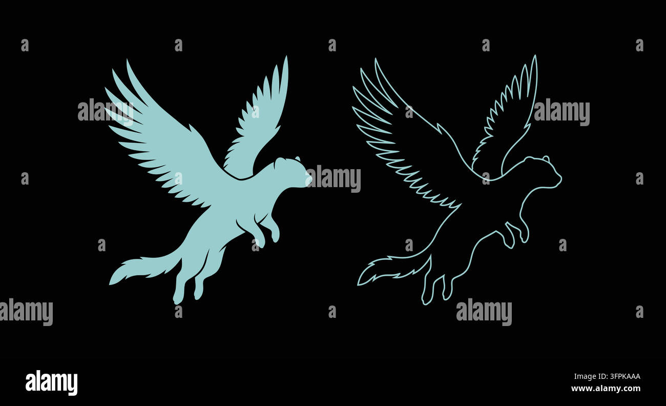 Creatura mitica volante Pegasus silhouette e arte lineare con creatura mitica Illustrazione Vettoriale