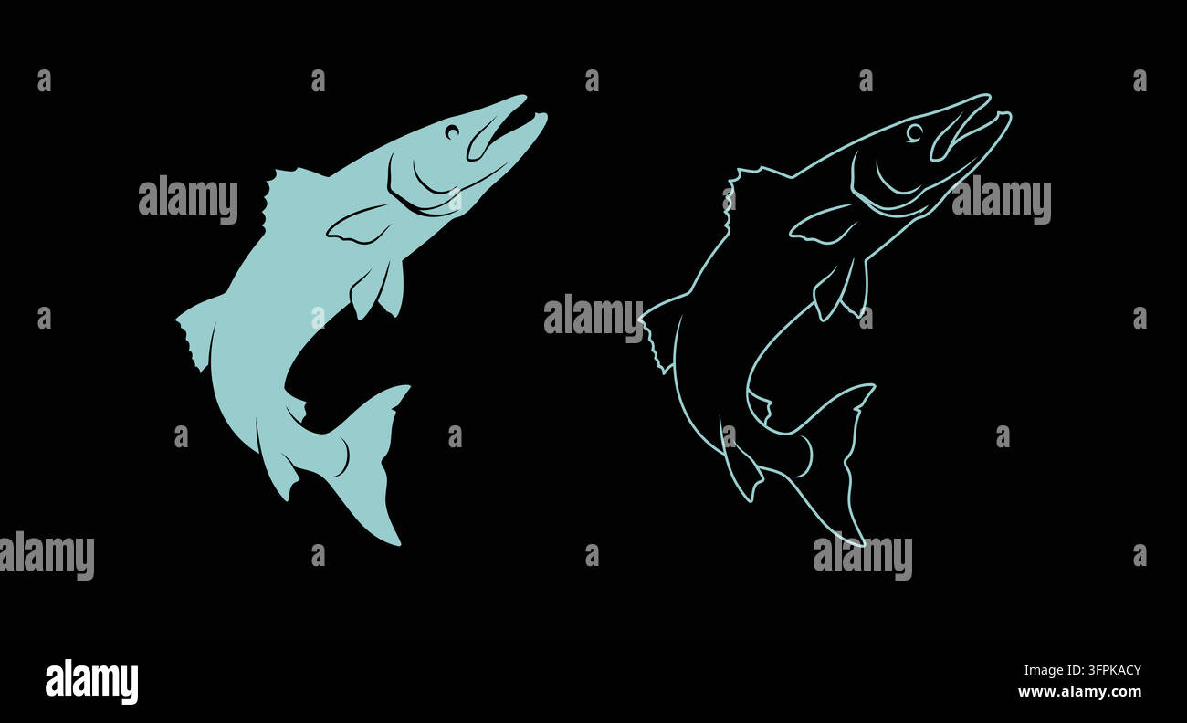 Illustrazione a silhouette e contorno di un pesce che salta con icona di pesce Illustrazione Vettoriale