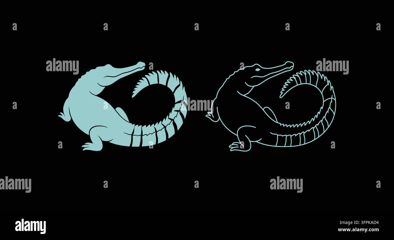 Illustrazione di coccodrillo con stili di silhouette e grafico di contorno Illustrazione Vettoriale