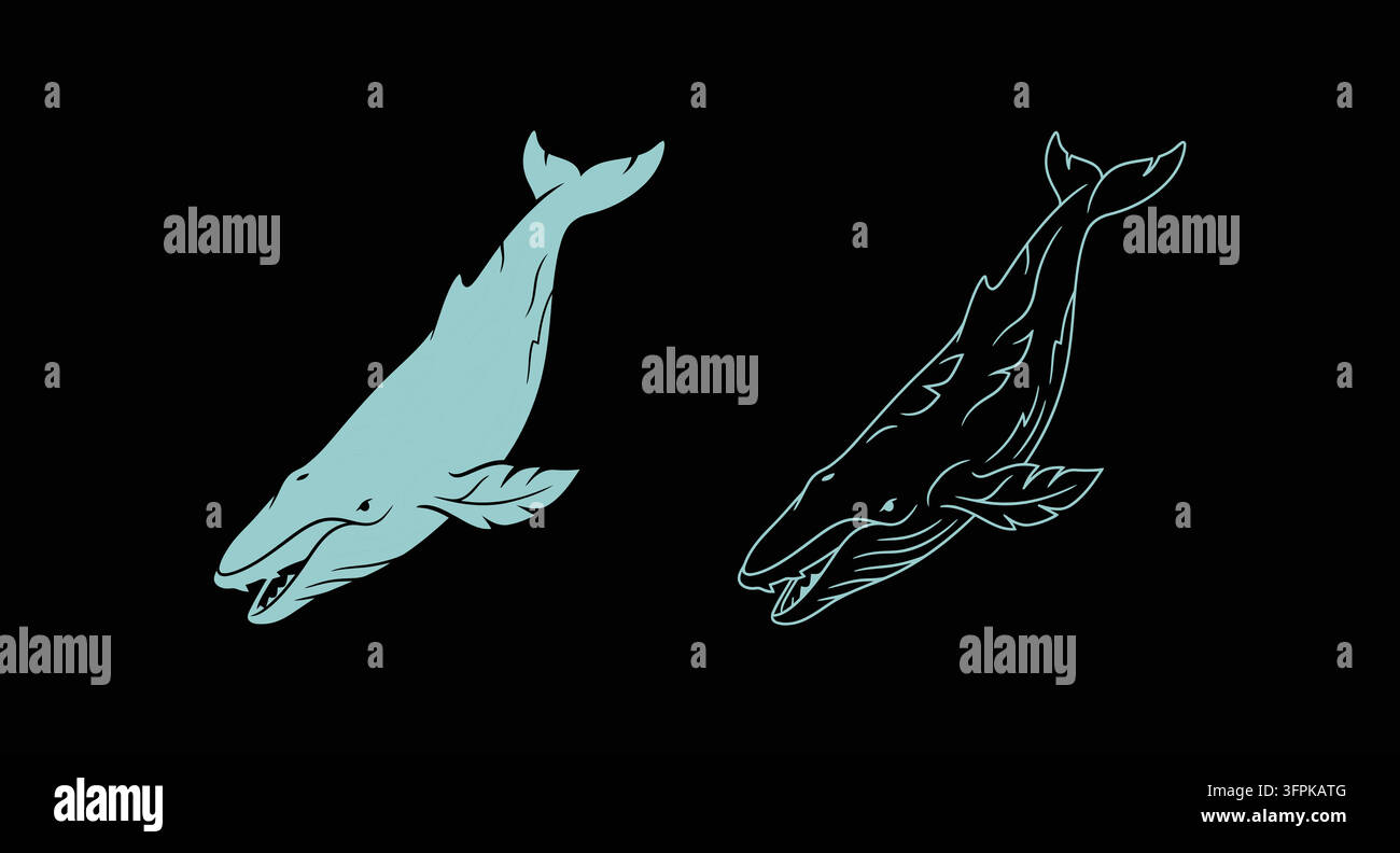 Set di icone in silhouette e arte lineare con balena jubarte e vita marina Illustrazione Vettoriale