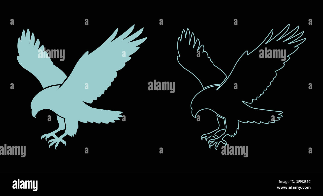 Set di icone a silhouette e contorno di aquila volante con rapace Illustrazione Vettoriale
