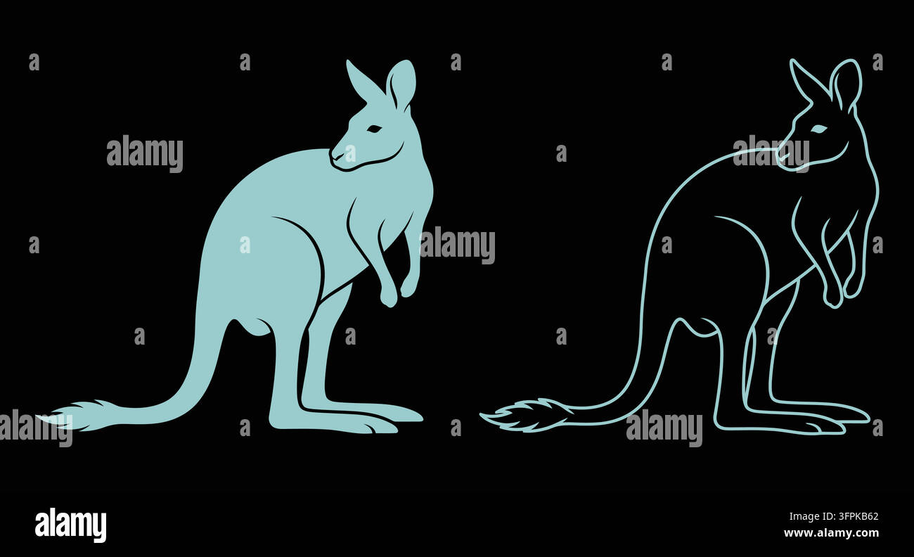 Set di silouette e disegni a contorno con contorno di animale canguro Illustrazione Vettoriale