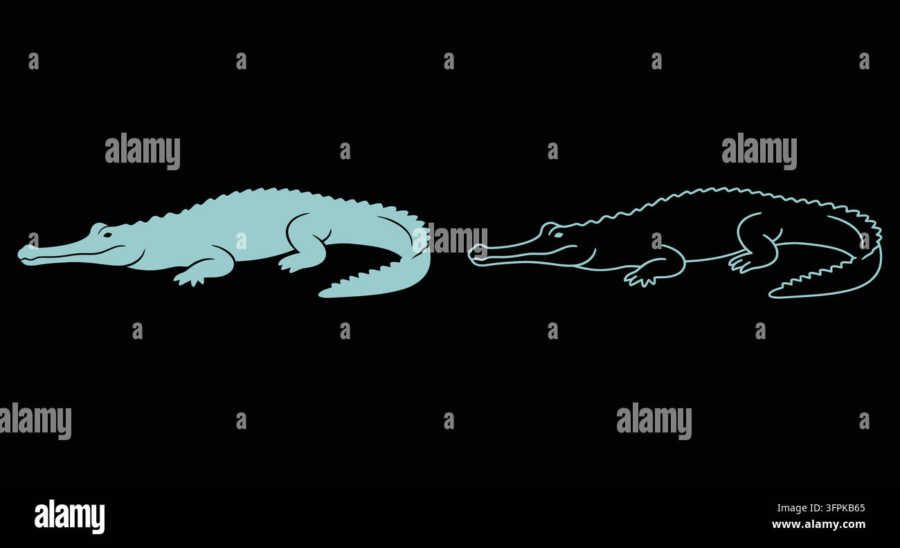 Set di silhouette e contorni di coccodrillo su sfondo nero con coccodrillo Illustrazione Vettoriale