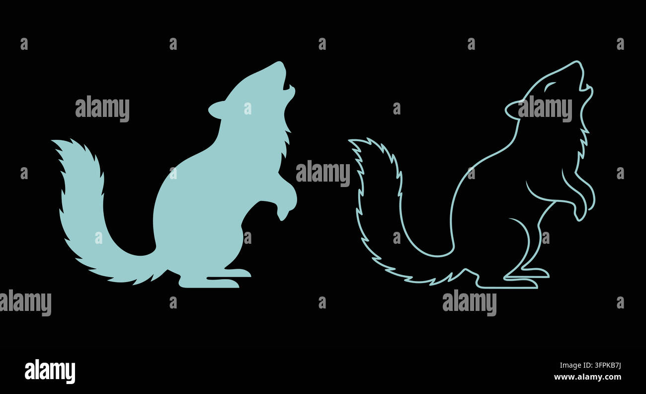 Set di illustrazioni in silhouette e line art di un lupo che ulula con disegno di lupo Illustrazione Vettoriale