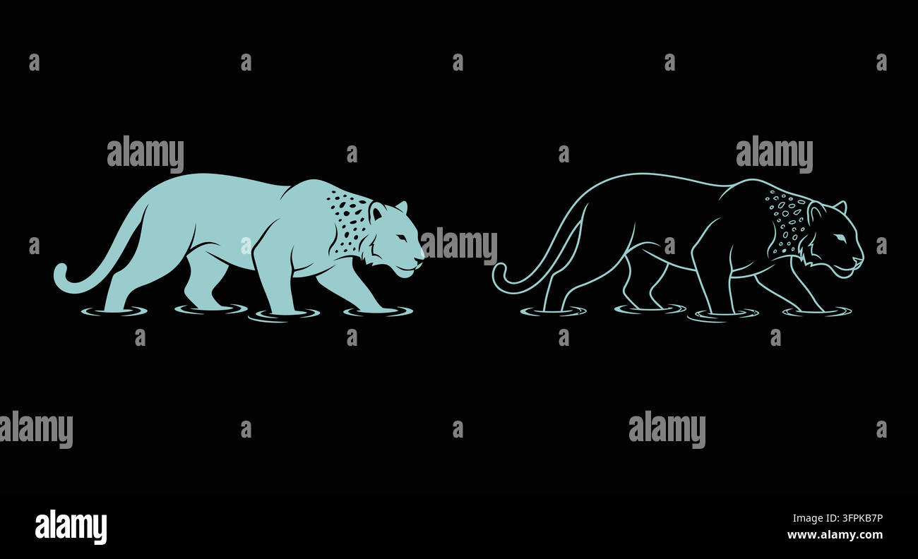 Silhouette e illustrazione grafica di un leopardo che cammina con grande felino Illustrazione Vettoriale