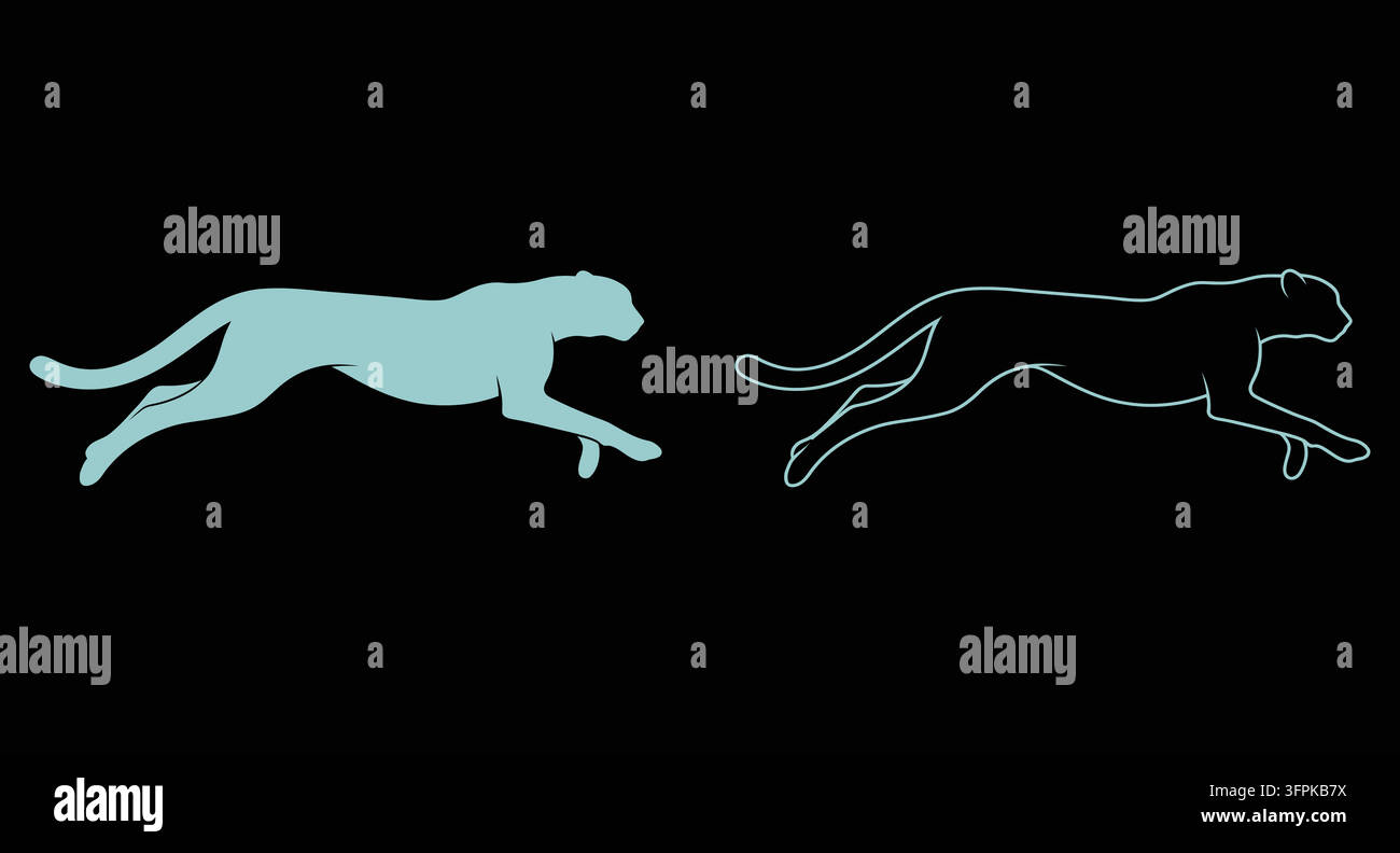 Silhouette di ghepardo in corsa e illustrazione grafica a linee con grande felino Illustrazione Vettoriale