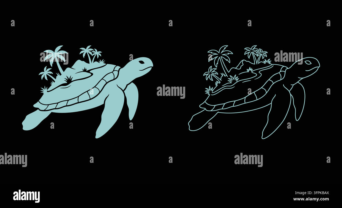 Tartaruga marina con palme sul guscio icona in stile piatto e outline Illustrazione Vettoriale