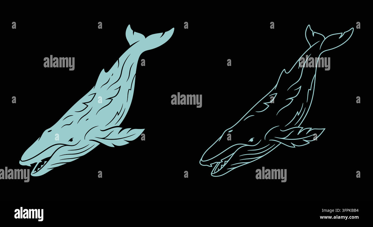 Set di illustrazioni di balene jubarte in stile silhouette e contorno Illustrazione Vettoriale