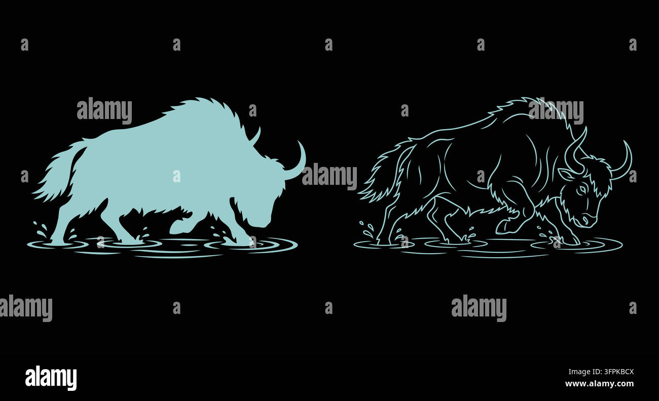 Set di silouette e design di bisonti con elemento di design artistico lineare fauna Illustrazione Vettoriale