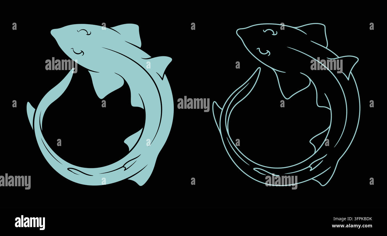 Illustrazione grafica di uno squalo circolare in stile silhouette e contorno Illustrazione Vettoriale