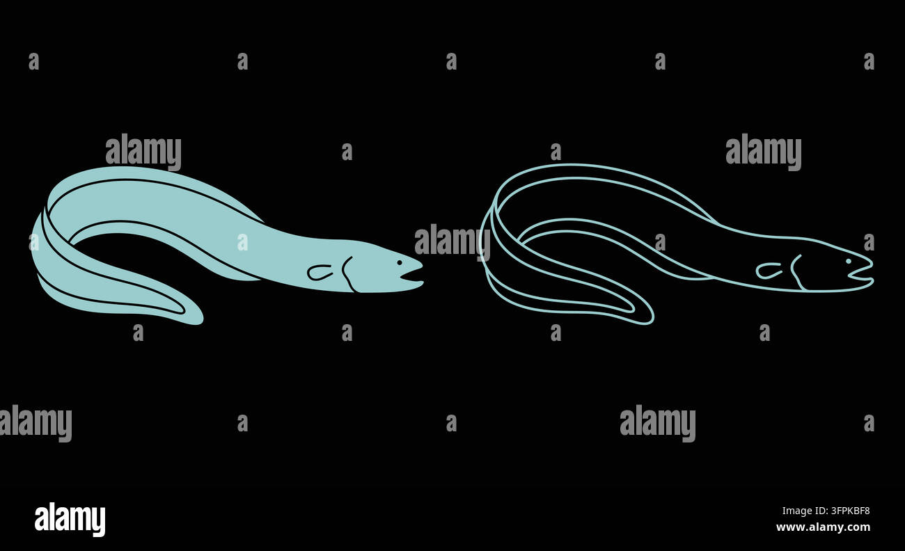 Icona animale di anguilla con silhouette solida e stile linea sottile Illustrazione Vettoriale