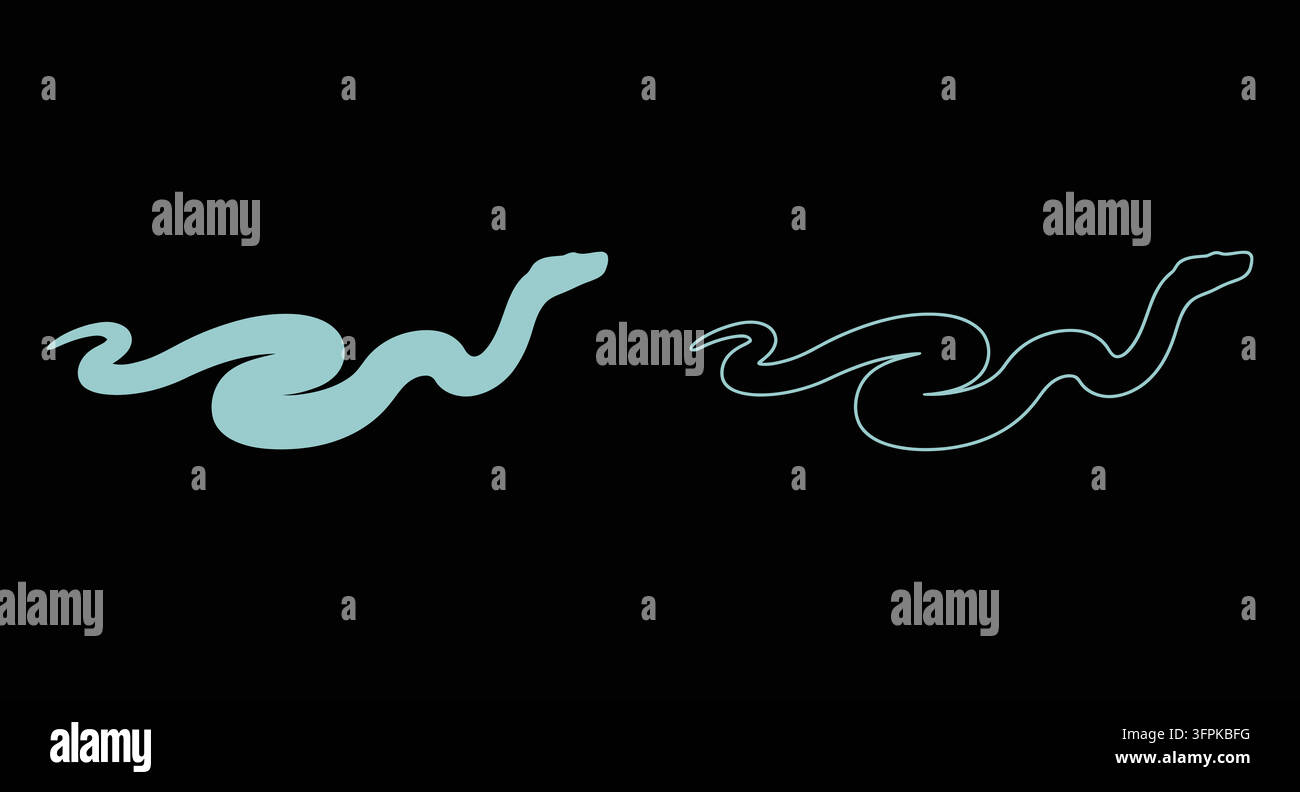Silhouette grafica e arte lineare di un serpente ondulato su sfondo nero Illustrazione Vettoriale